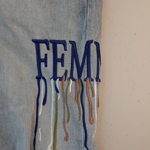 Homme + Femme Size 30 Letterman Drip Embroidered Distressed Denim Blue Jeans - Picture 8 of 11